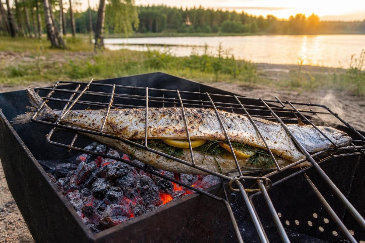 Целая скумбрия с лимоном и укропом жарится в решётке над углями у вечернего водохранилища