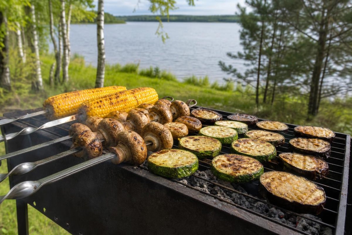 Шампиньоны, кукуруза и овощи на мангале