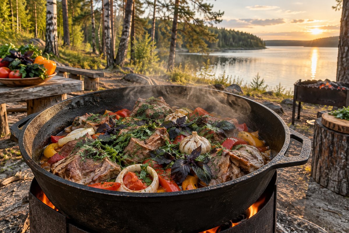 Хашлама в казане: мясо на кости с помидорами и перцем