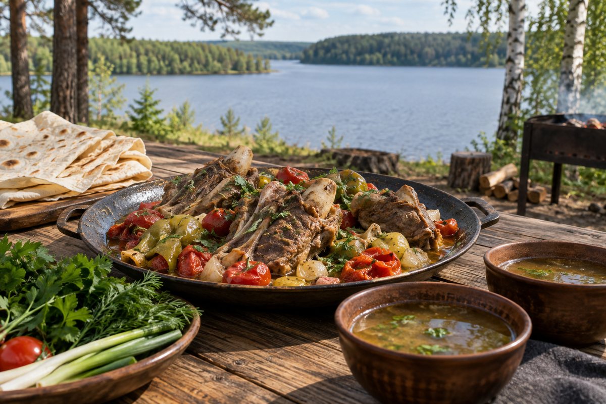 Хашлама на блюде с бульоном в пиалах