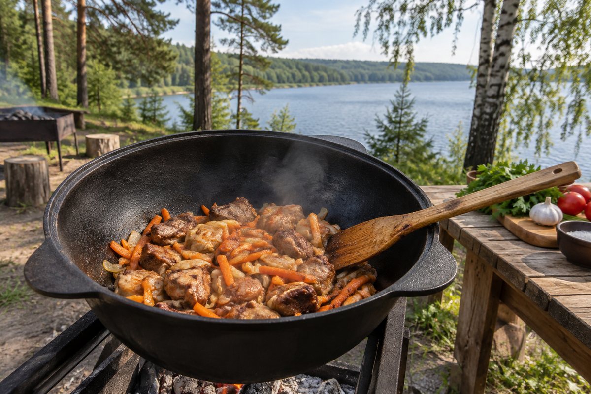 Обжаренное мясо с луком и морковью в казане