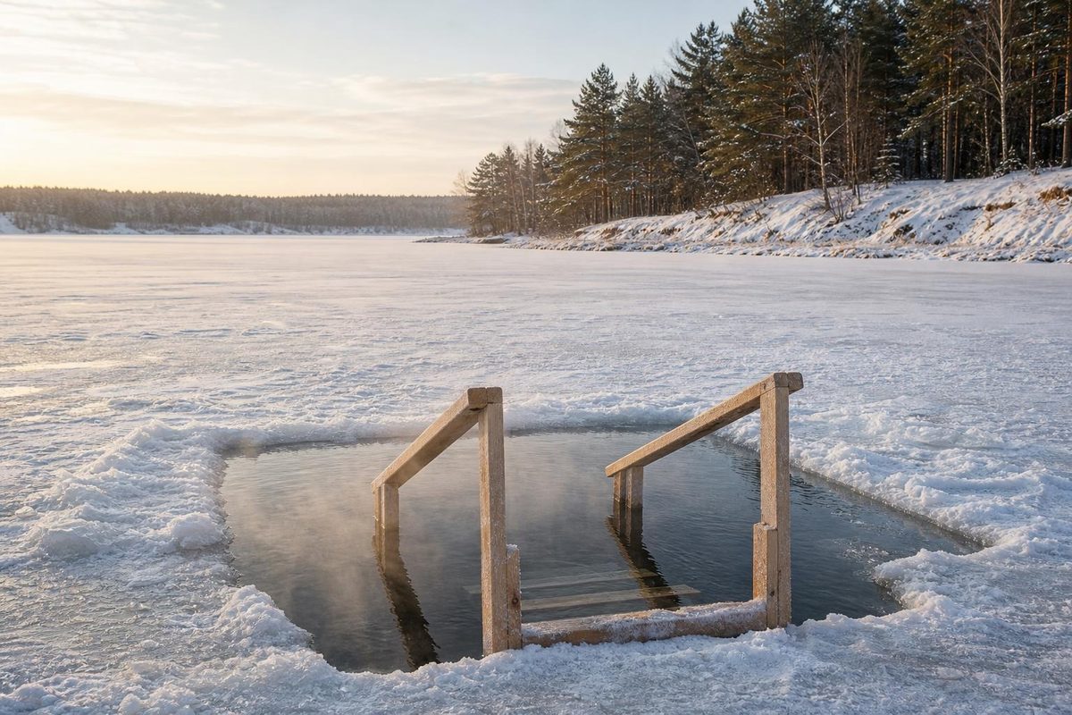 Прямоугольная прорубь с деревянной лестницей на замёрзшем водохранилище у соснового леса