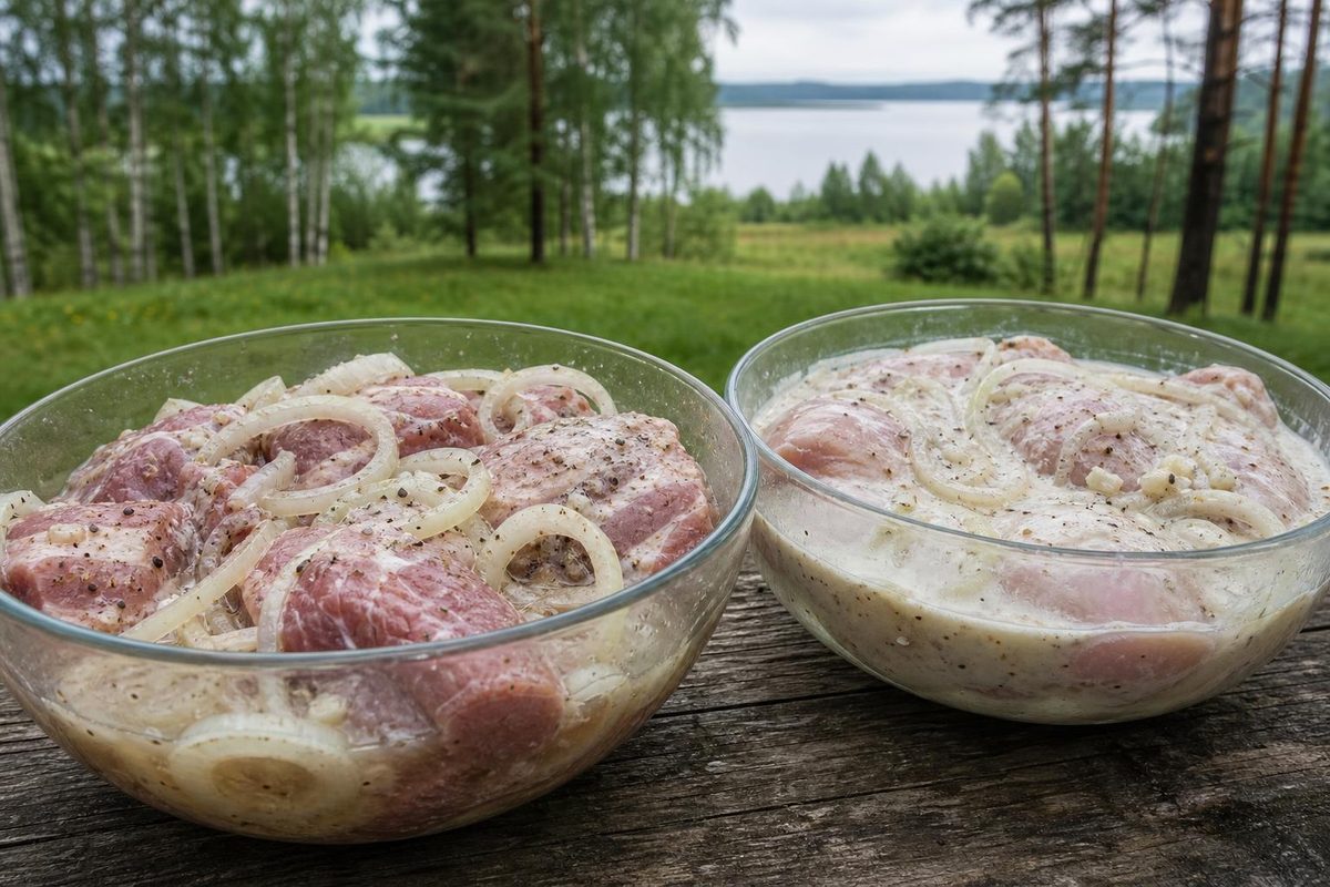 Свинина с луком и перцем и куриные бёдра в кефире на столе у водохранилища
