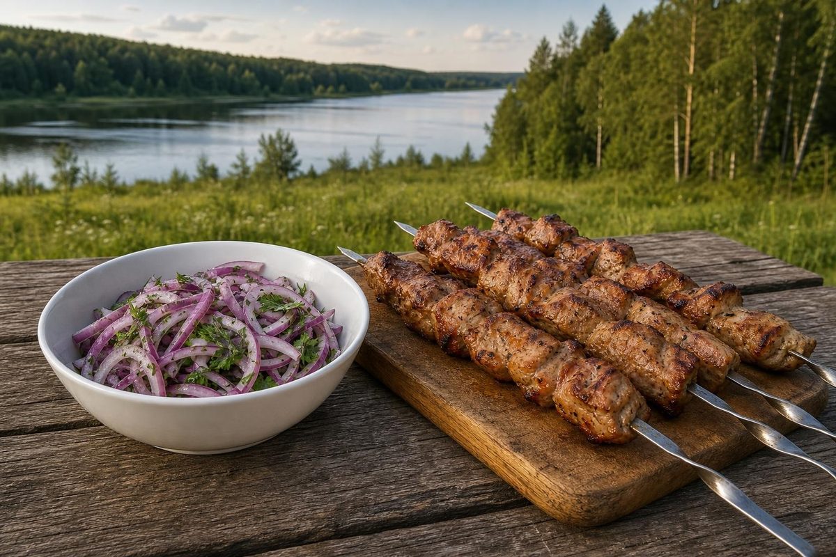 Маринованный красный лук с зеленью и свиные шашлыки на столе у водохранилища