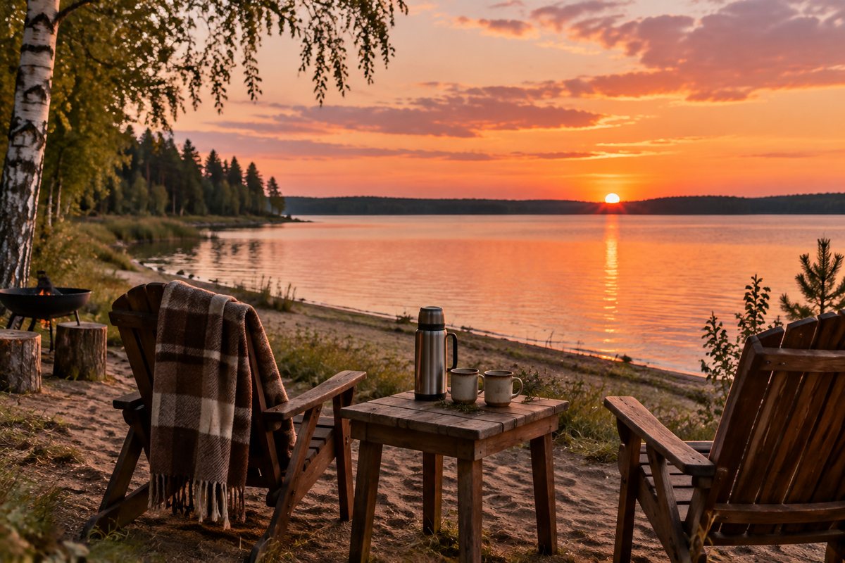 Плед, термос и две кружки на берегу водохранилища на закате