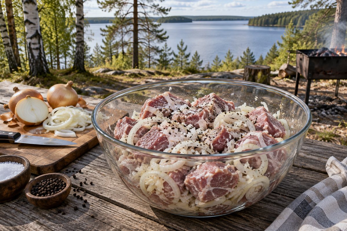 Свиная шея в луковом маринаде в стеклянной миске