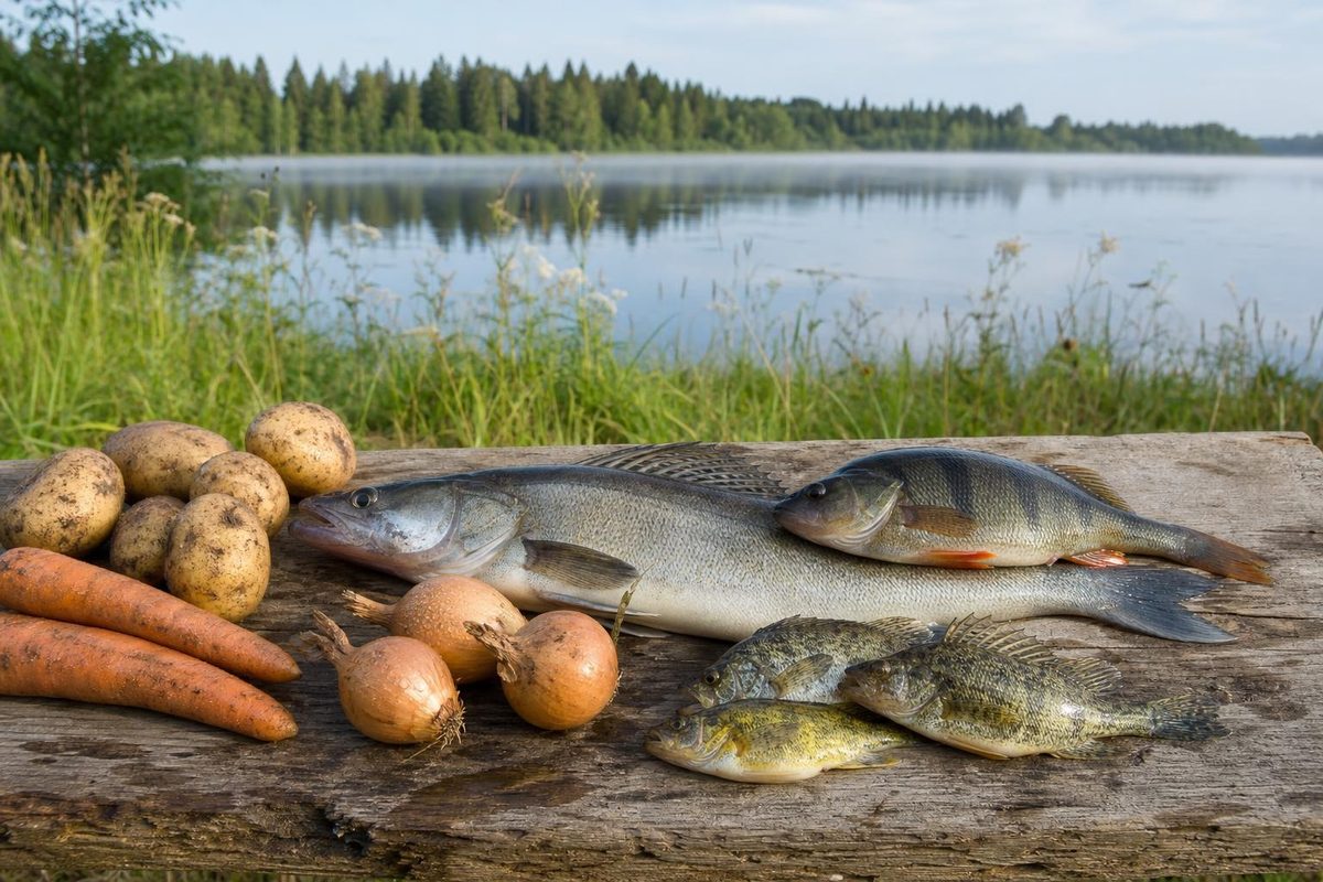 Свежий судак, окунь и ерши с картофелем, морковью и луком на берегу водохранилища